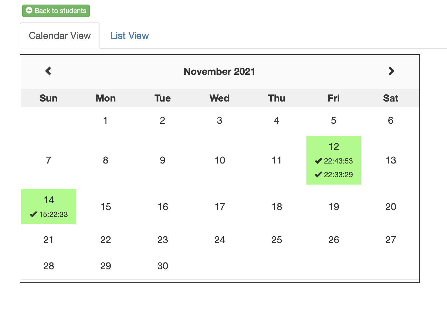 A monthly caledar showing the check-in times of an employee.